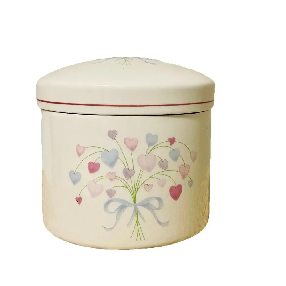 Vintage FTDA Vanity Jar Bouquet Of Hearts Porcelain Trinket Canister With Lid